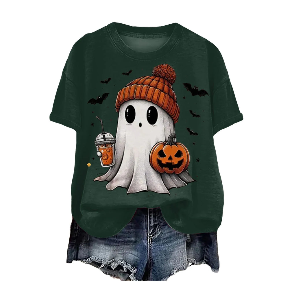 Cute Printed Halloween Shirt For Women Funny Crew Neck Short Sleeve Clothes Top Tee Shirts Halloween Cosplay Tops Humor T-Shirt