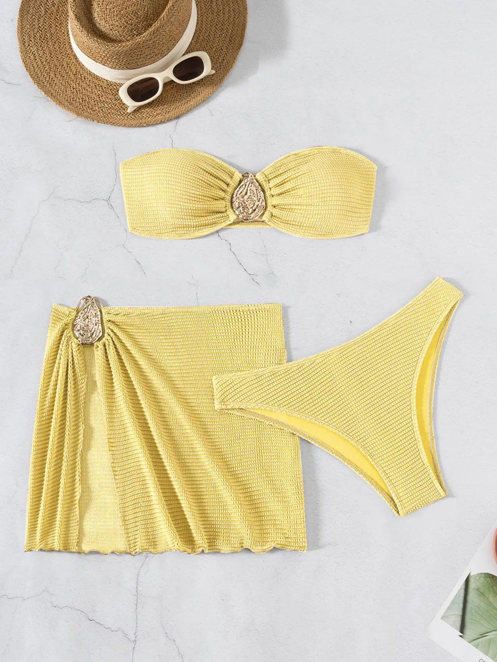 With Skirt Wrinkled Bandeau Bikini Female Swimsuit Women Swimwear Three-pieces Bikini Set Metal Ring Bathing Suit Swim Beachwear