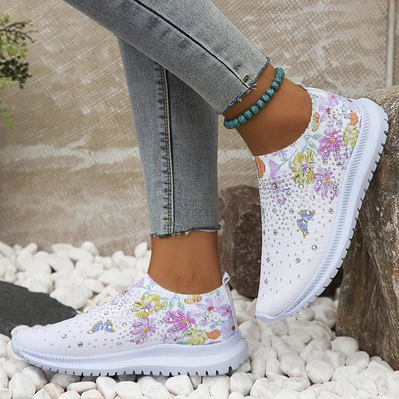 2025 Fashion Crystal Platform Sneakers Women Plus Size Slip On Flowers Printed Flats Woman Breathable Soft Sole Wakling Shoes