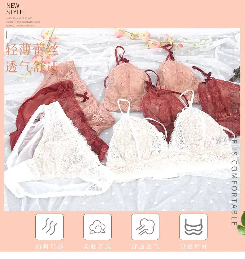 MOYISU  French Ultra Fina Sexy Tushy Conjunto Encaje Sin Aro Sensual Transparente Bralette Pantaleta Ajuste Perfecto Talla S-XL