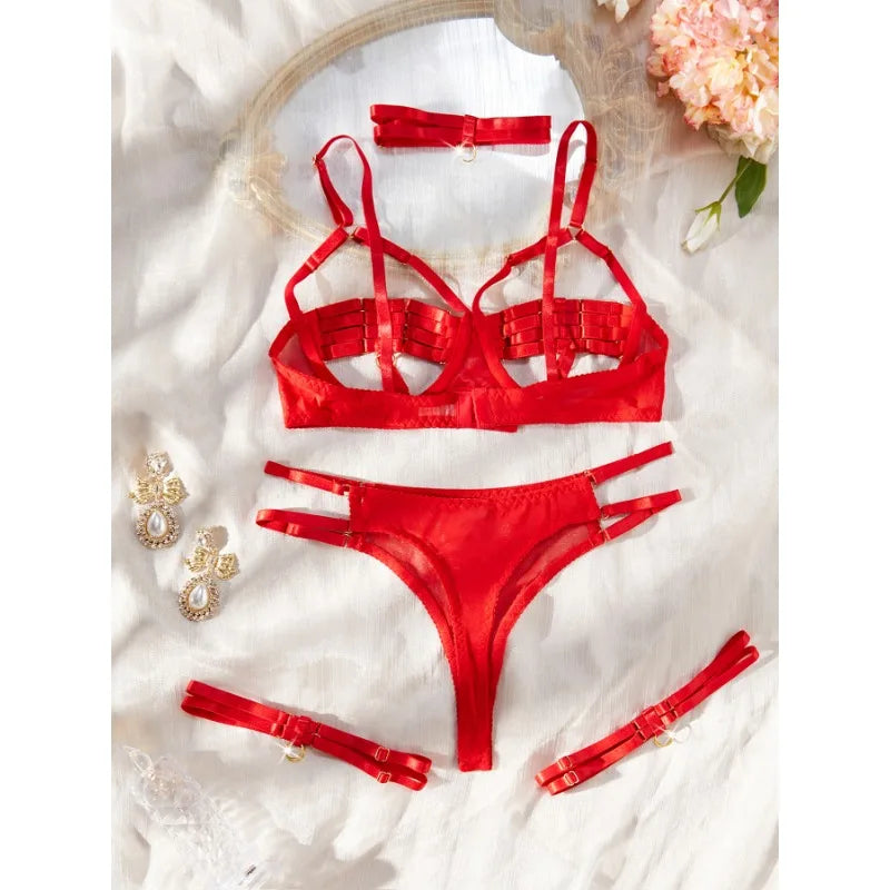 Toucheart Hollow Out 4-piece Sexys Set Transparent Lingerie For Women Underwear See Through Lingerie Sets Female Sexy Costumes