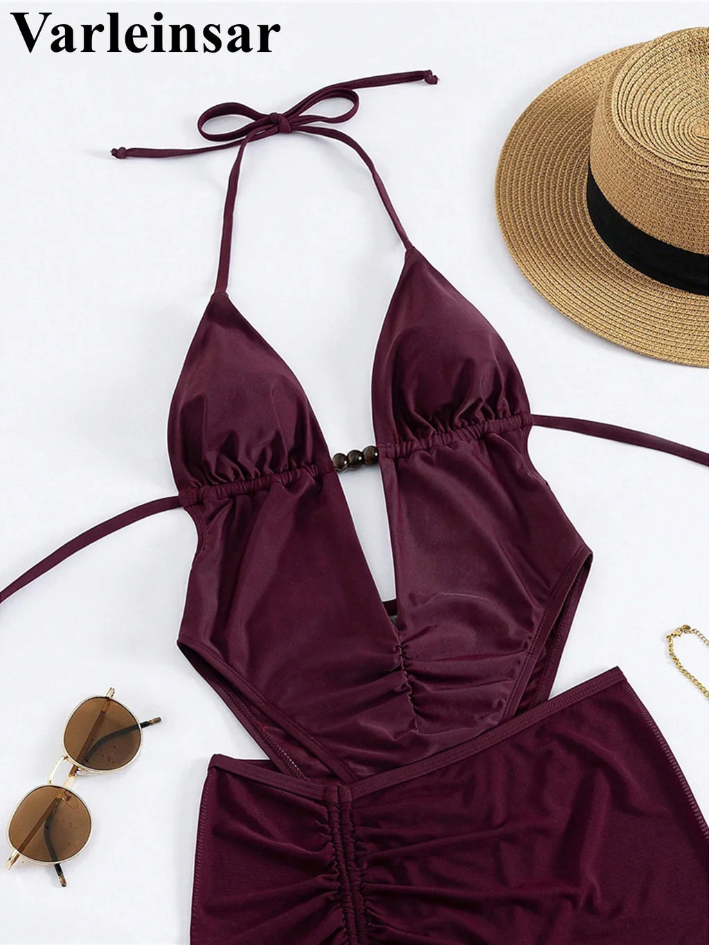 Sexy With Skirt Halter Deep V Neck Women Swimwear One Piece Swimsuit Female High Leg Cut Backless Bather Bathing Suit Swim V8112