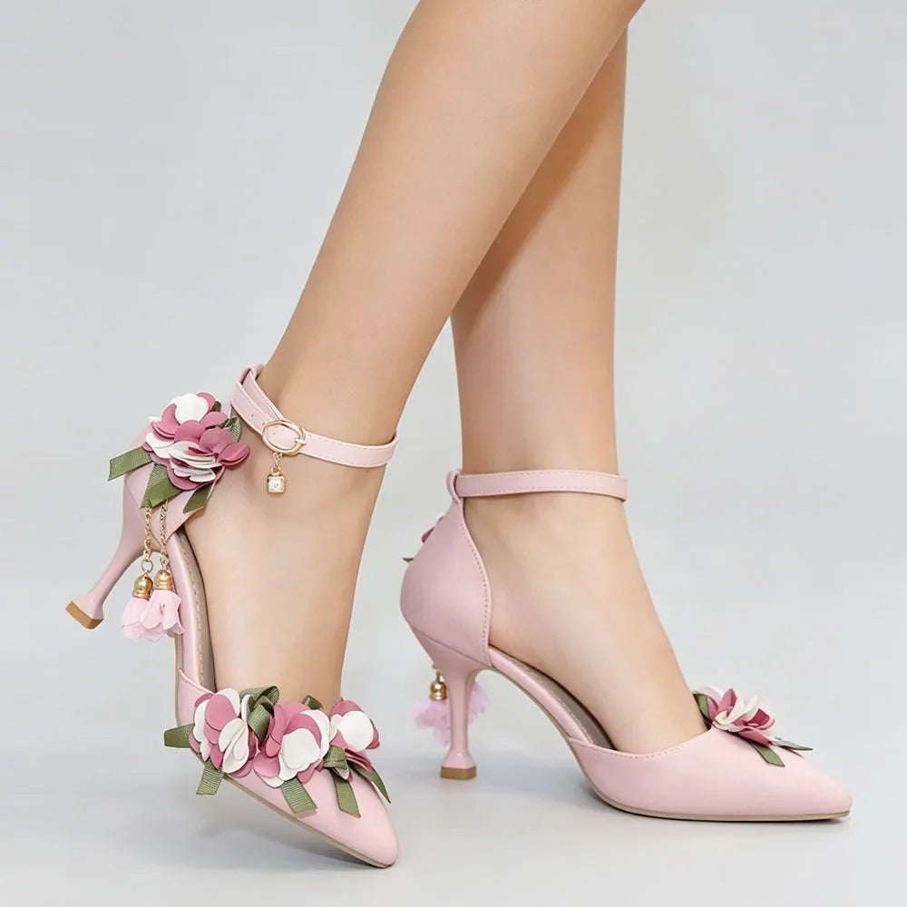 Small Big Size 32-46 Women's Elegant Pink Flowers High Heels Sandals Summer Sexy Pointy Toe Party White Wedding Sandals Shoes