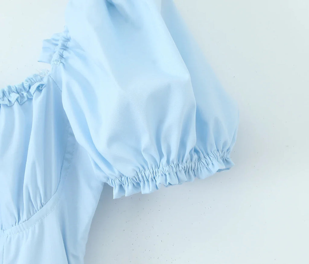 Bowknot Ruffles Light Blue Midi Dress Women's Summer Off Shoulder Short Sleeve Beach Dress Drawstring White A-line Vestidos 2025