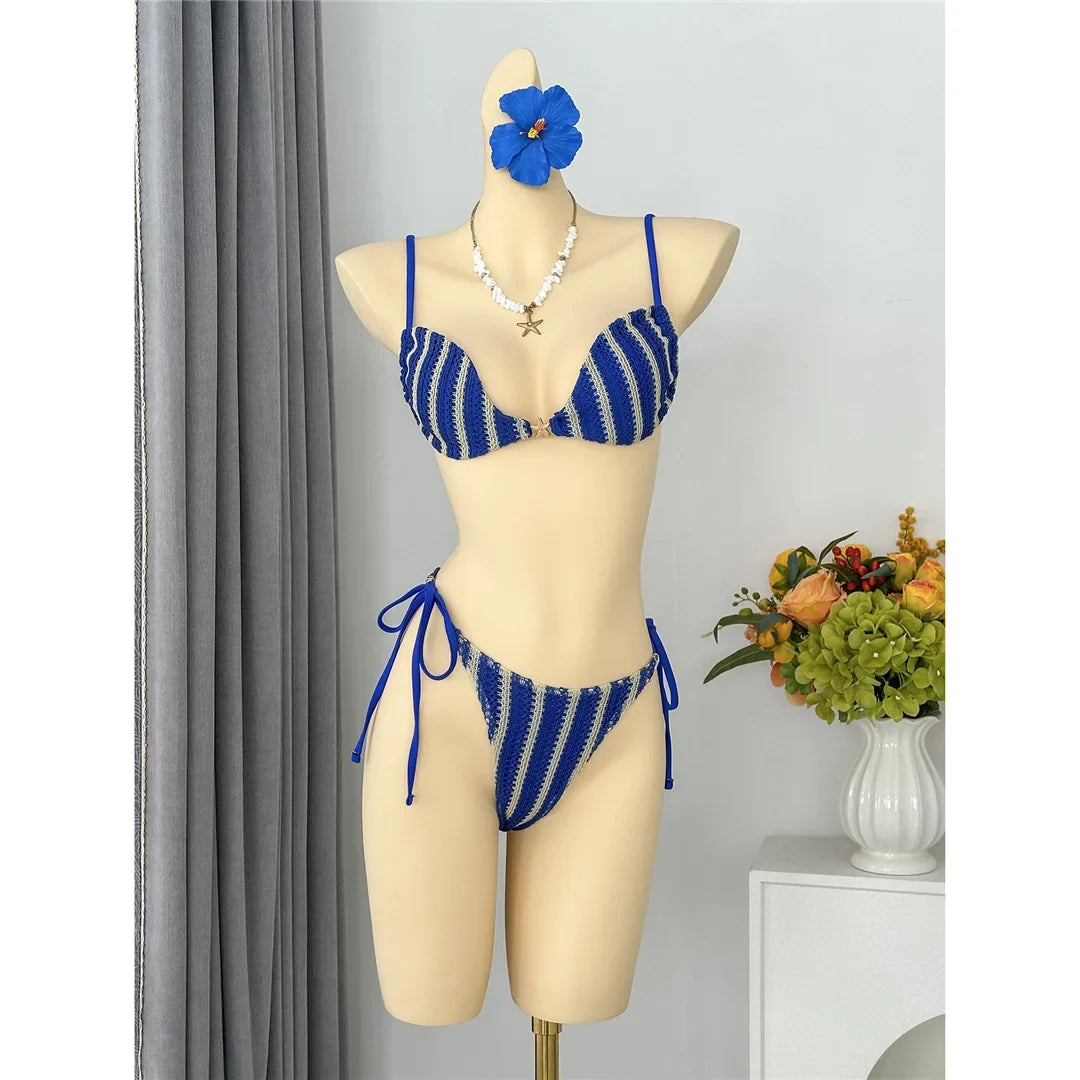 2026 New Striped Bikini Women Swimwear Female Swimsuit High Cut Leg Padded Bather Bathing Suit Swim Two-pieces Bikini set K8071