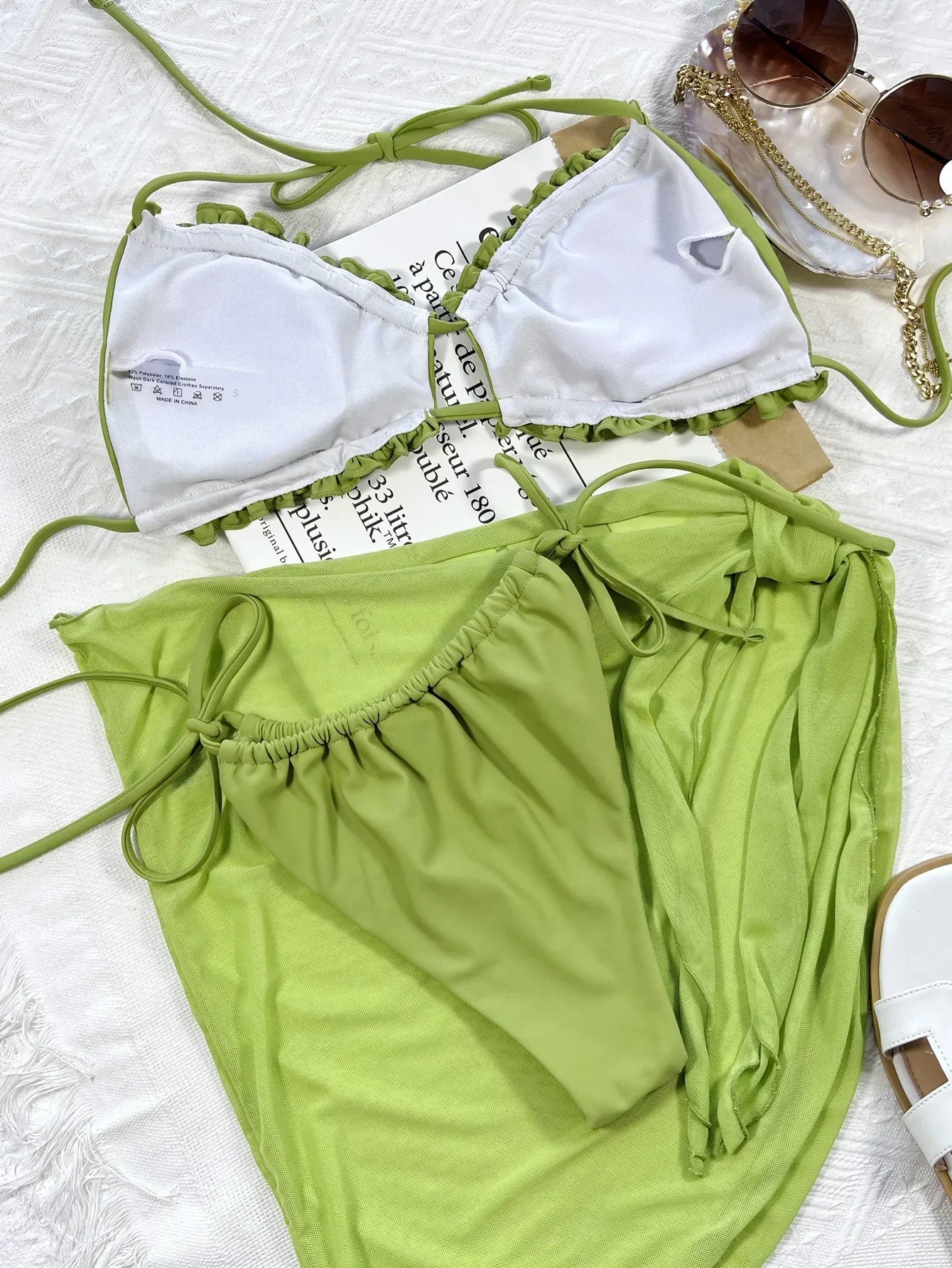 2026 Sexy Three-piece Bikini Set Women Pleated Hollow Halter Solid Swimwear Swimsuit Bikinis Set Bathing Suit Beach Mesh Cover