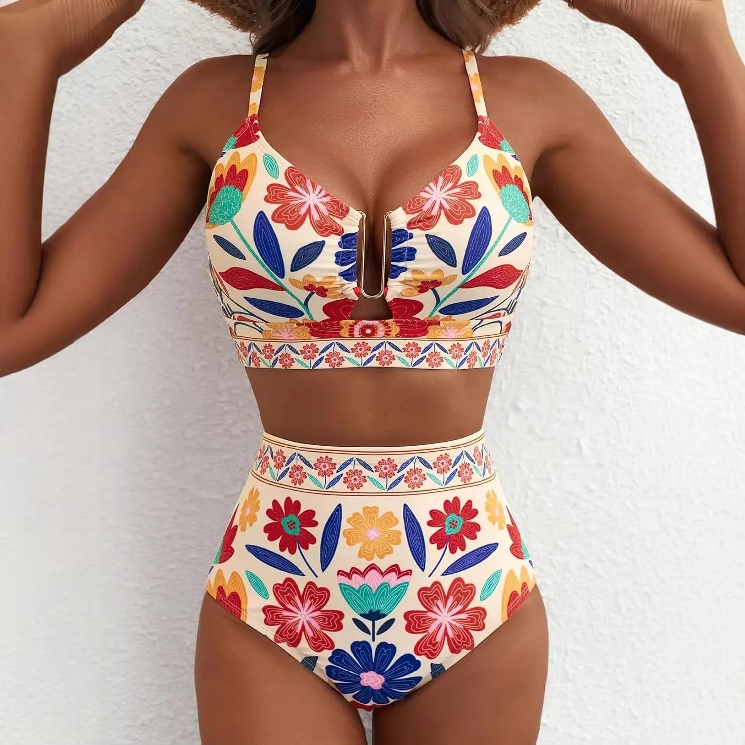 Women Sexy Floral Bikini High Waist Tummy Control Floral Bikini U Line Cross Back Padded Bikini Two Piece Beach Swimsuit