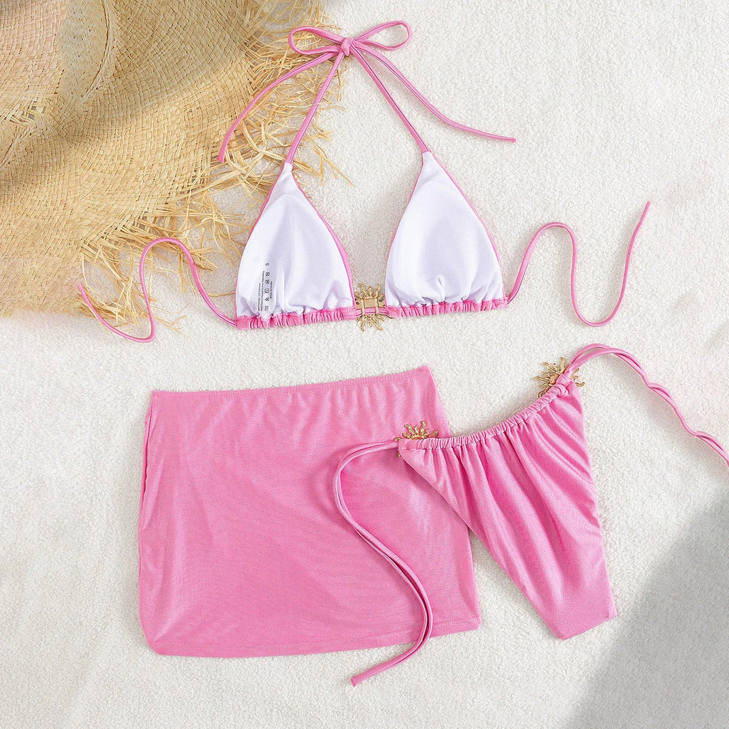 2026 Summer Women's 3Pcs Bikini Set Solid Color Halter Bra and Thong with Cover-ups Skirts Bathing Suits