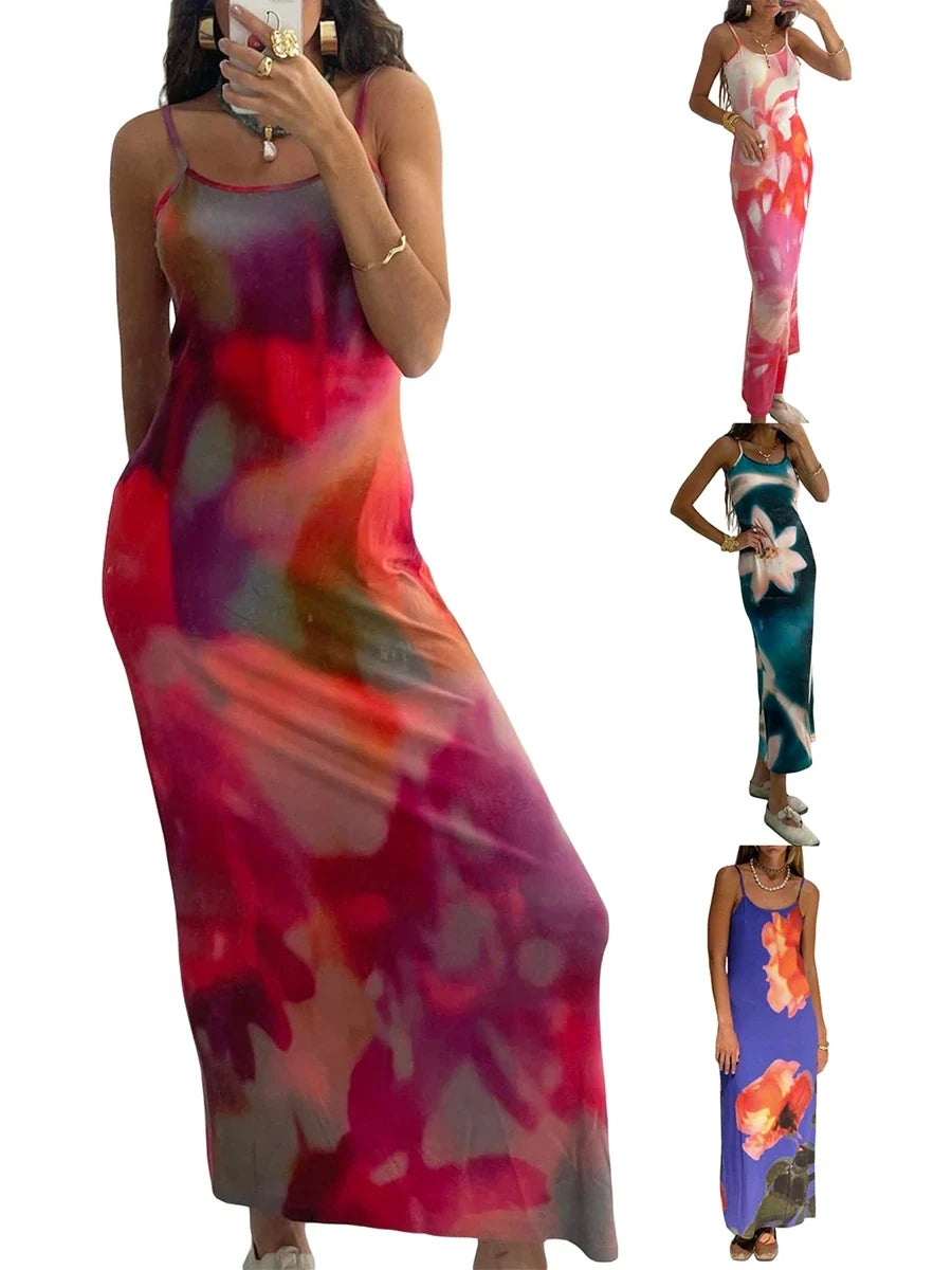 Summer Tie-Dye Floral Print Backless Party Dress Women Sleeveless Spaghetti Strap Sexy Bodycon Dress for Vacation Cocktail Beach