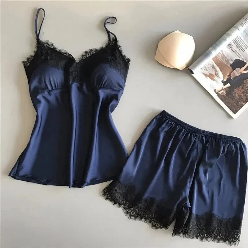 Women's Halter Pajamas 2 PCS Camisole And Shorts Home Wear Red Black Sexy Lace S M Ventilate Comfort