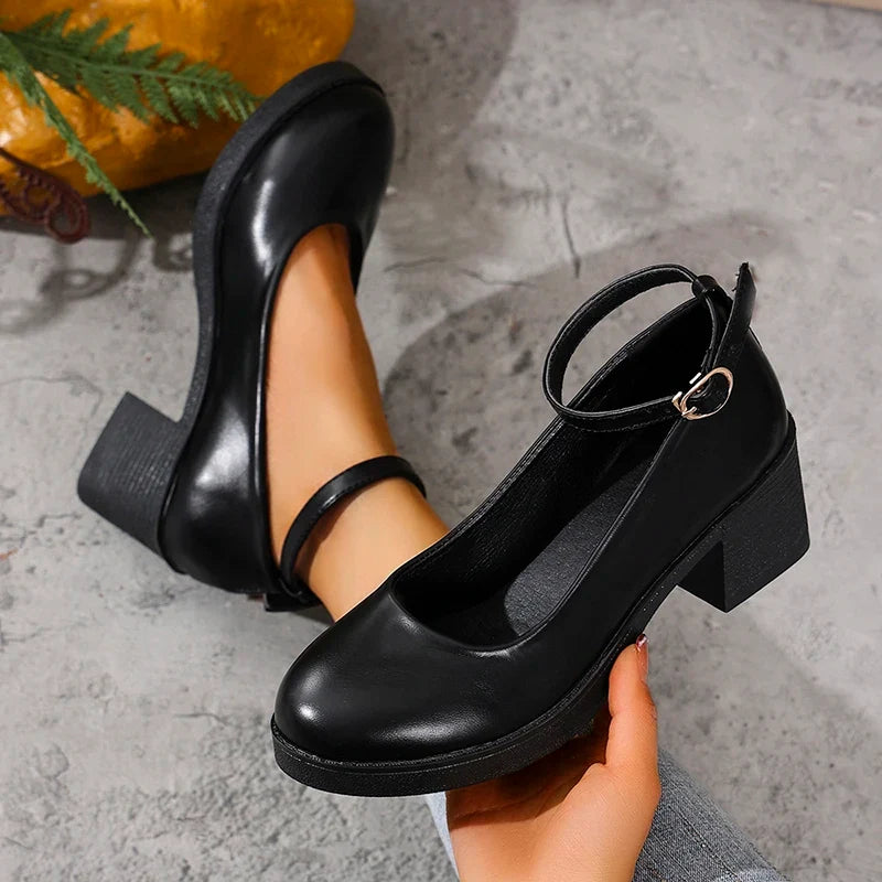 Black Thick Heeled Mary Jane Shoes Women Plus Size 42 Ankle Buckle Platform Pumps Woman Office Pu Leather High Heels Shoes Mujer