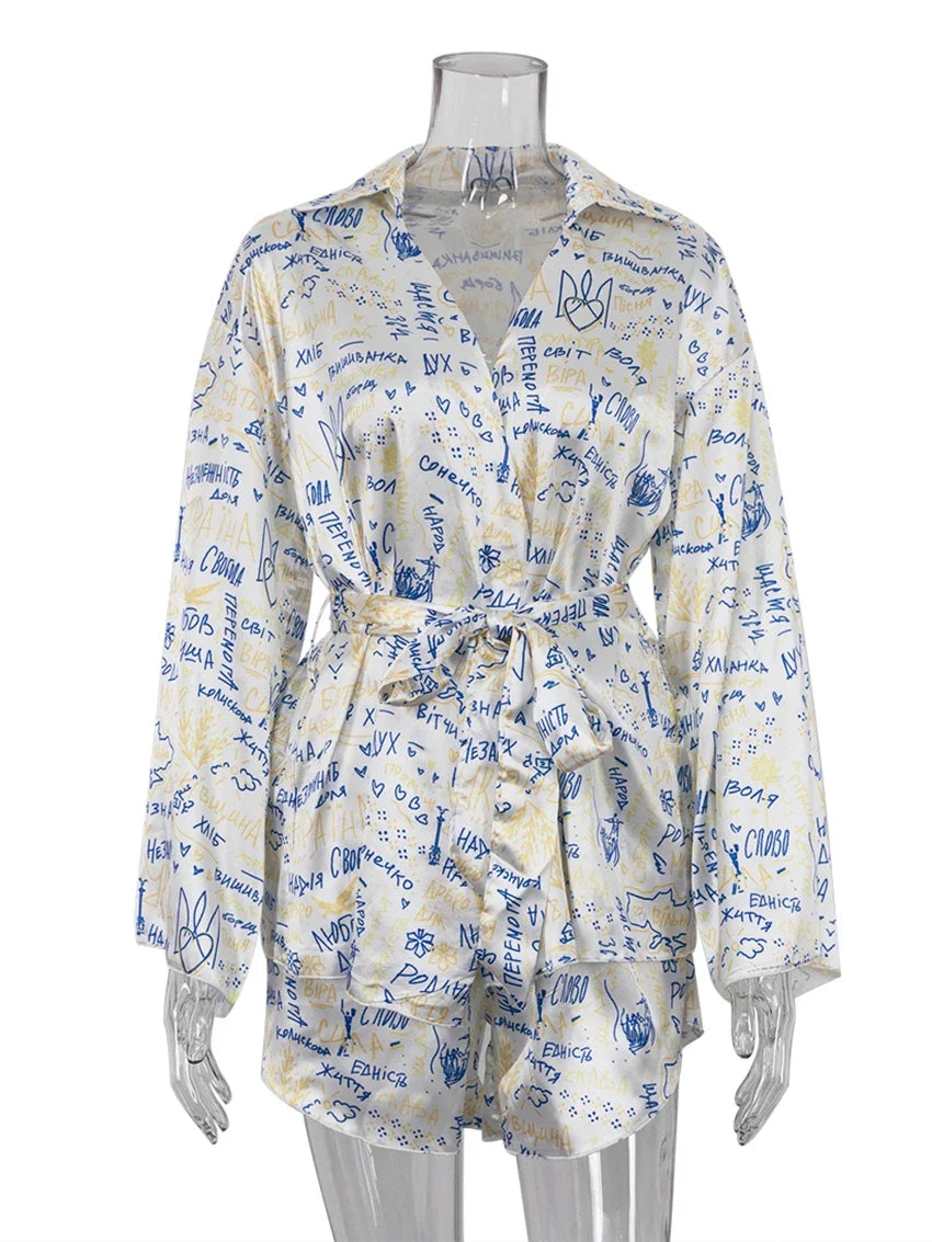 Marthaqiqi Fashion Ladies Nightgowns Suit Turn-Down Collar Robe Lace Up Pajama Long Sleeve Sleepwear Shorts Printing Nightie Set