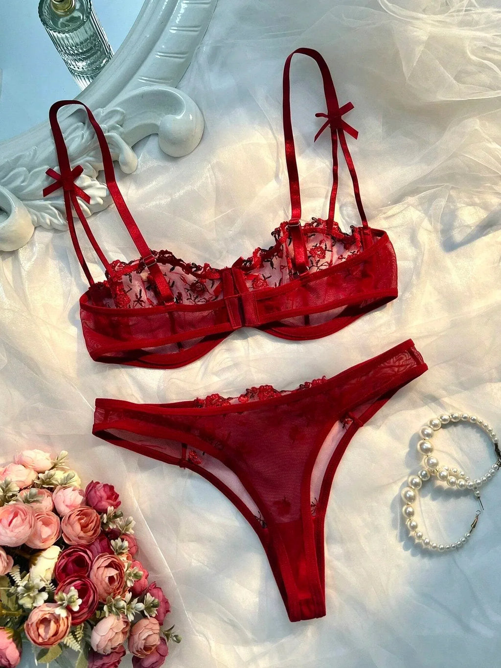 New Pink Bra Women Lingerie Set Ladies Embroidery Floral Bras Underwear Sets