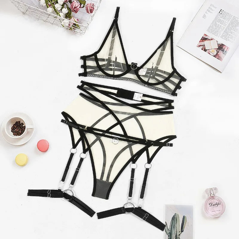Toucheart 4 Piece Set Bra Set Nude See-Through Mesh Contrasting Color Hemmed Sexy Underwear For Women Girdle Garter Belt Suit