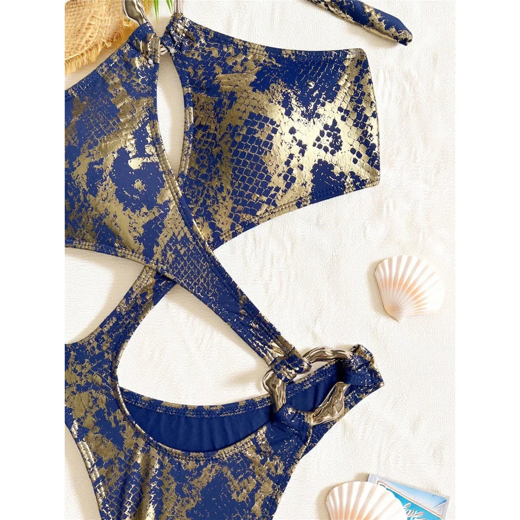 Sexy Tummy Cut Out Leopard Snakeskin Women Swimwear One Piece Swimsuit Female Halter High Cut Leg Bather Bathing Suit Swim V7972