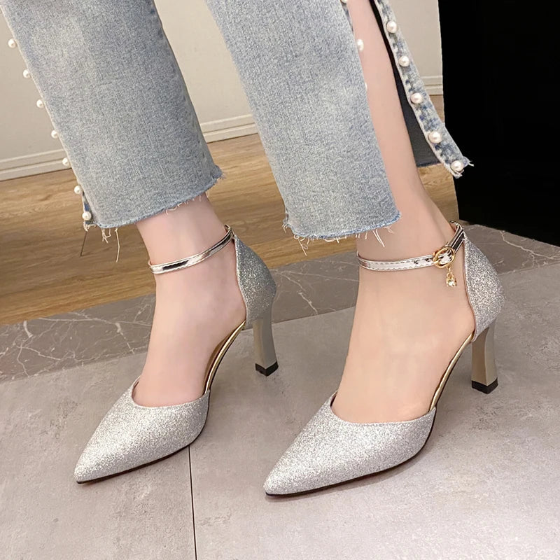 ZOKI Bling Gold Silver Women's Pumps 2024 Sexy Point Toe Thin Heel Party Wedding Shoes Woman Summer Ankle Strap High Heels Shoes