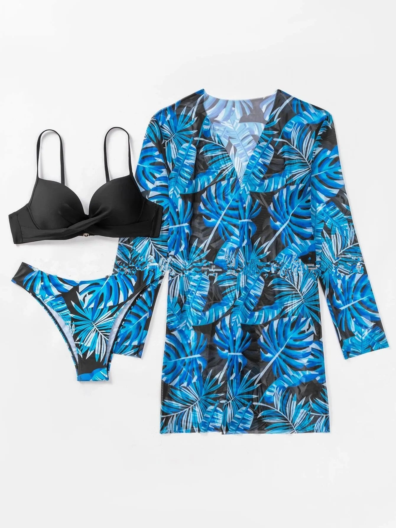 Boho Style Women's 3 Pieces Swimsuit Floral Bikini Set+Long Sleeve Cover-Up Swimwear Sexy Low Waist Tankinis Beachwear Holiday