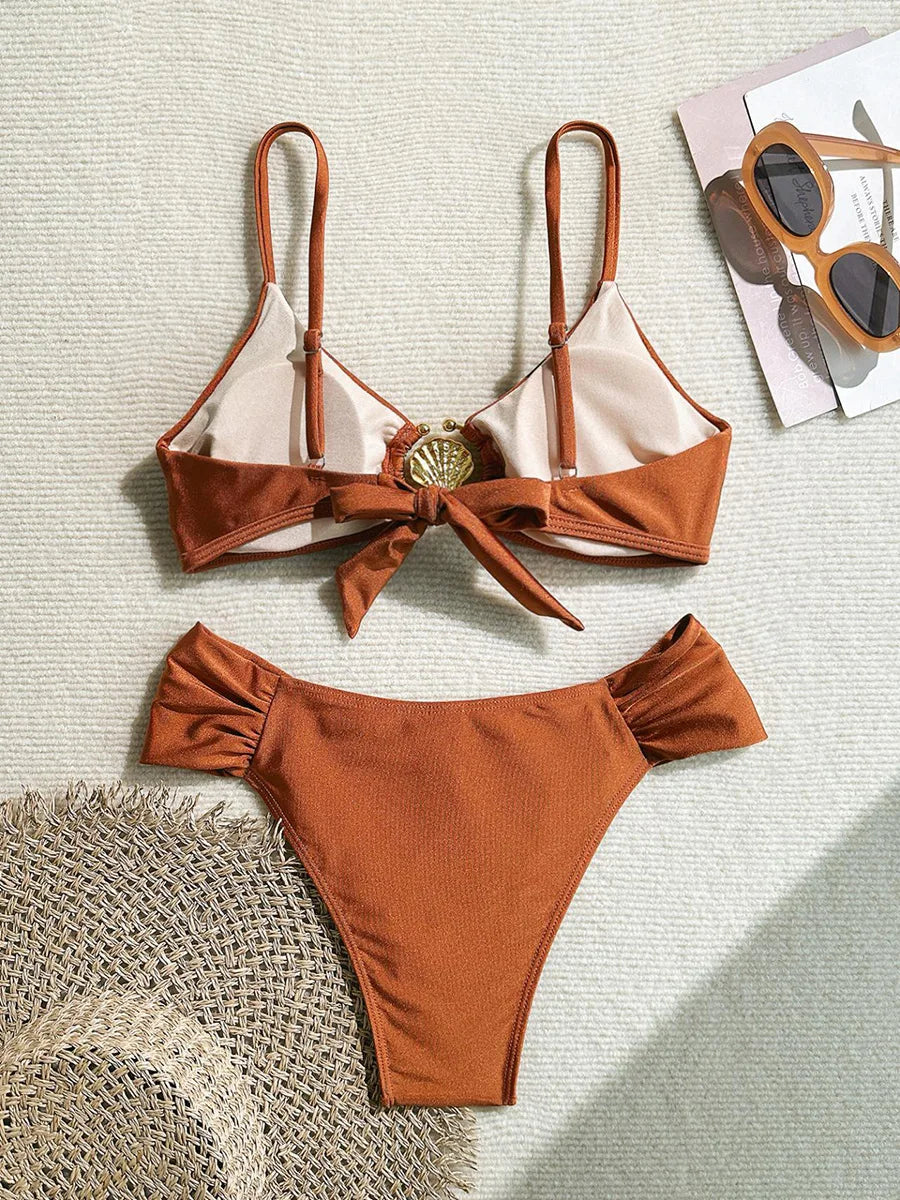 S - XL Metal Shell Halter Female Swimsuit High Waist Bikini Women Swimwear Two-pieces Bikini set Bather Bathing Suit Swim Lady