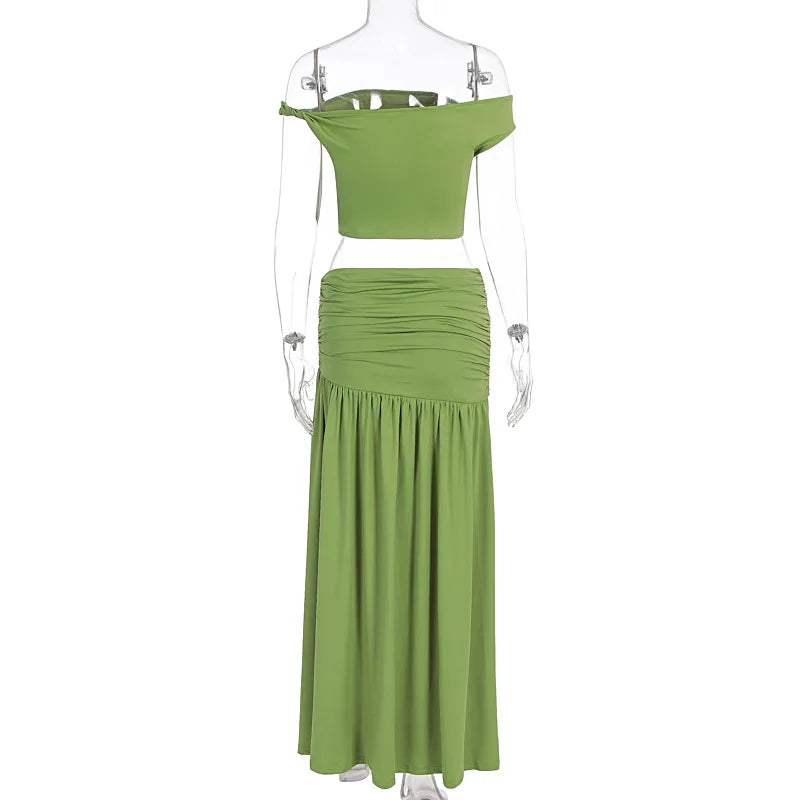 Summer Skirt Set Women Metal Flower Sexy Off Shoulder Slim Crop Top High Slit Skirt Sets Fashion Backless Pleated 2 Piece Suits