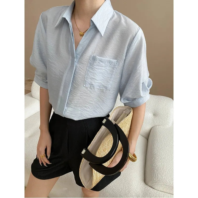 Turn-Down Collar Loose Short-Sleeve Shirt Women White Short Sleeve Shirt Chest Pocket V Neck Button Casual Summer Blouse H9EH