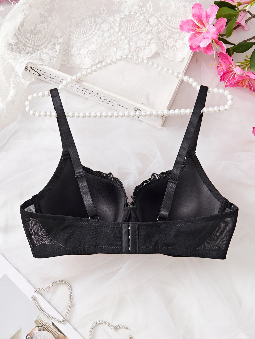 Fallsweet C D Cup Push up Bra for Women Wide Shoulder Straps Embroidered Floral Bow Plus Size Bras Comfort Underwear Lingerie