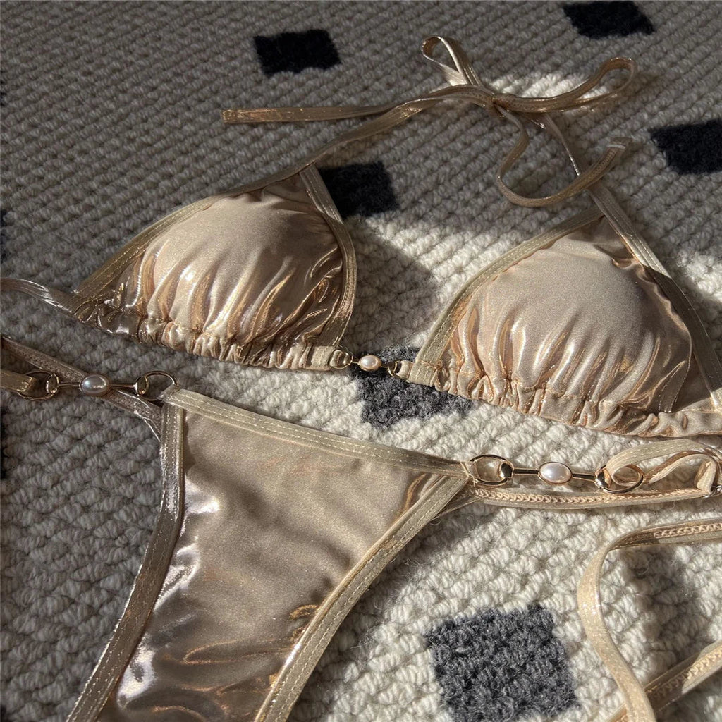 PU Faux Leather Halter Mini Thong Bikini Women Swimwear Female Swimsuit  Two-Pieces Bikini Set Bather Bathing Suit Swim V5206W