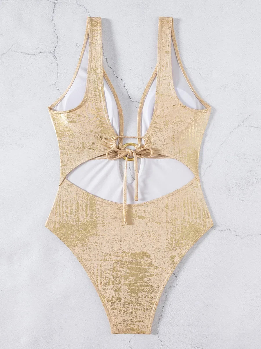 Golden Glitter Deep V Neck One Piece Swimsuit Women Swimwear Female Backless Monokini High Leg Cut Bathing Suit Swim Beachwear