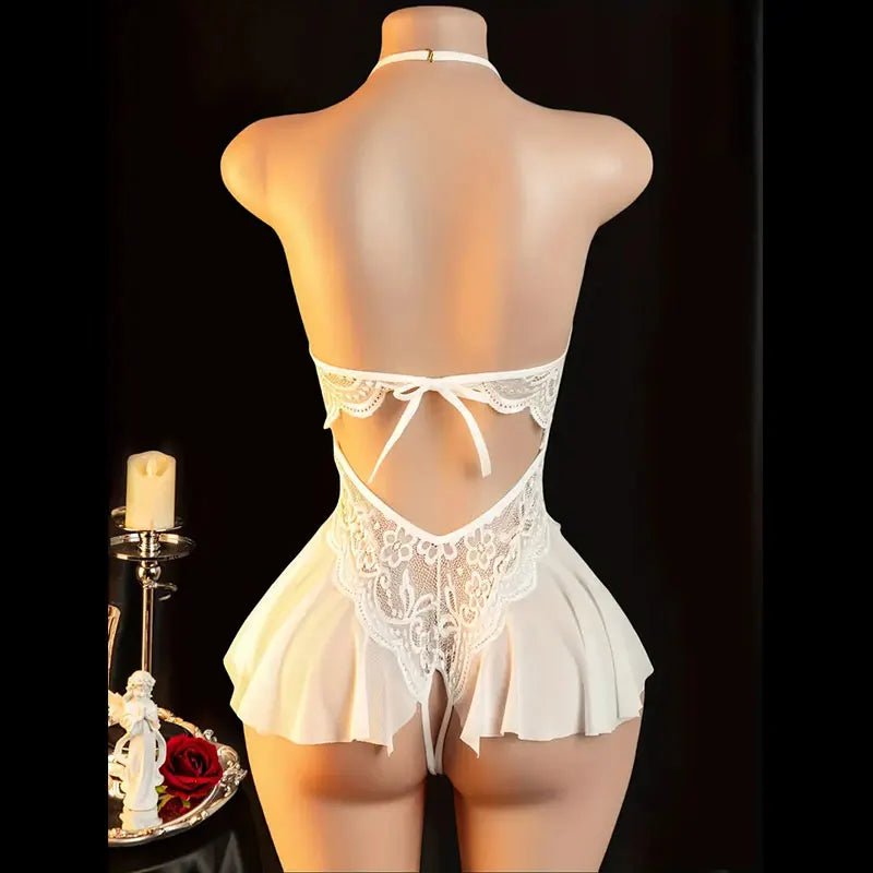 Sexy Crotchless Lingerie For Hot Adult Women White Front Buckle Bra Neck Erotic Babydoll Costume Open Night Dress Porn Underwear