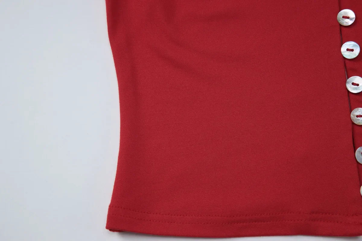 FDYOUI 2026 Women's T-shirts Turn-down Collar Single Breasted Short Sleeve Crop Tops Female Hollow Out Red Tee Shirt Streetwear