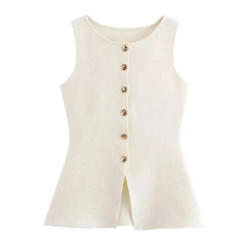 Women's Sleeveless Knit Top With Metal Buttons White Sleeveless Button Down Vest And Maxi Skirt Two Piece Set For Women S7XY