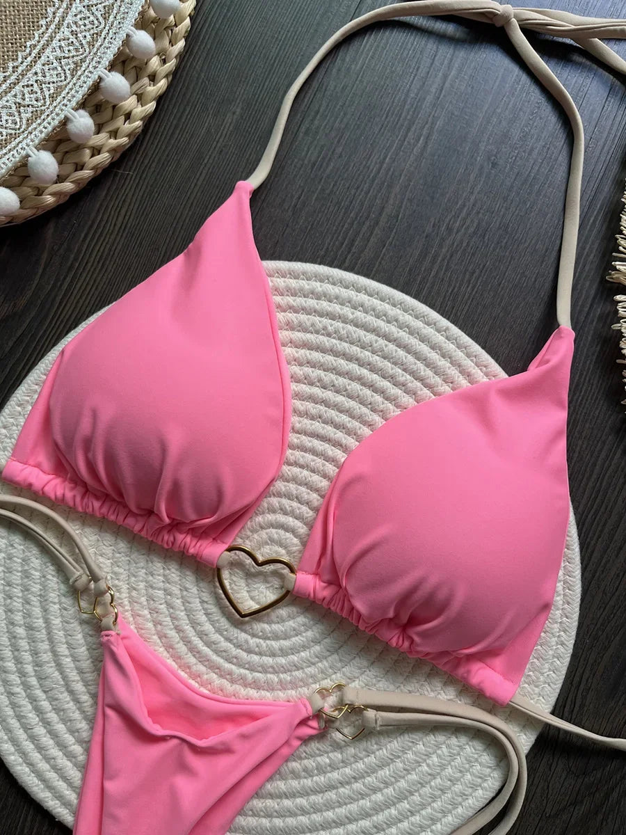 Metal Heart-shaped Halter Mini Micro Thong Bikini Female Swimsuit Women Swimwear Two-pieces Bikini Set Bather Bathing Suit Swim