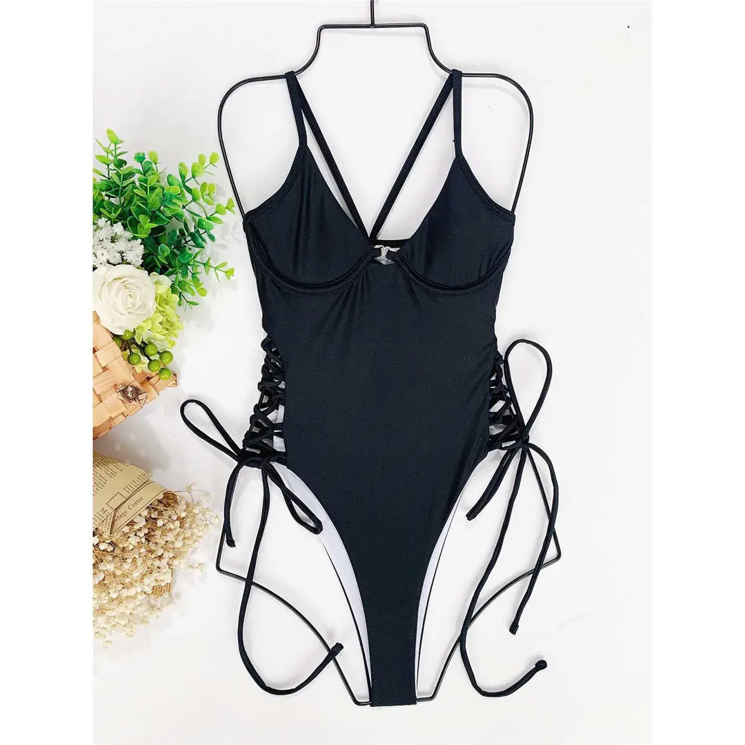 S - XL Sexy Lace Up Underwired One Piece Swimsuit Women Swimwear Female Backless Monokini Bather Bathing Suit Swim Lady V2906C
