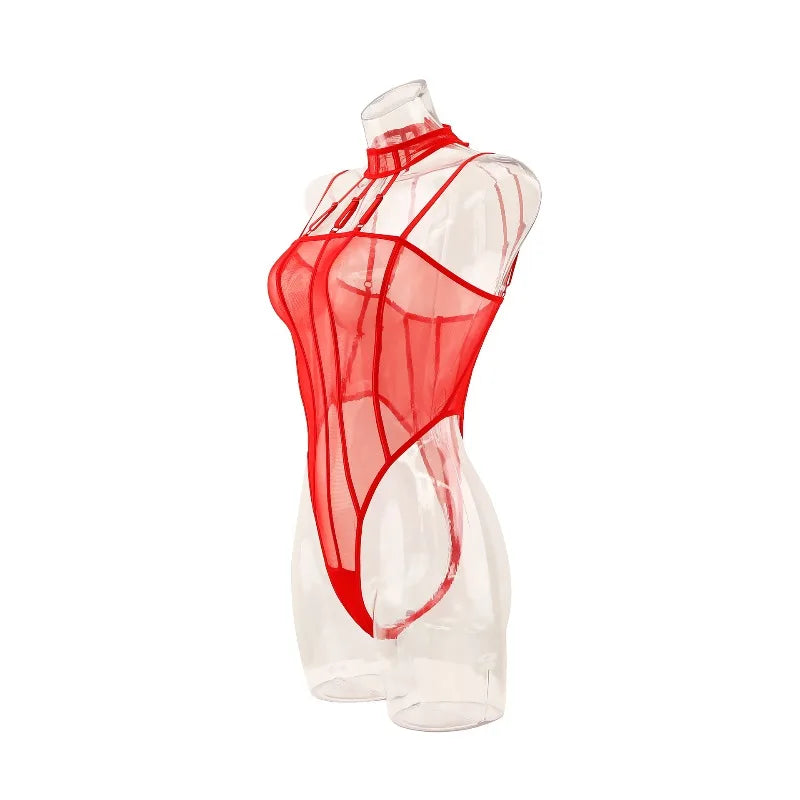 Toucheart Erotic Bodysuit Net Clothes Halter Lace See-through Skinny Backless Sissy Premium HotSeductive Women Coquette Bodysuit