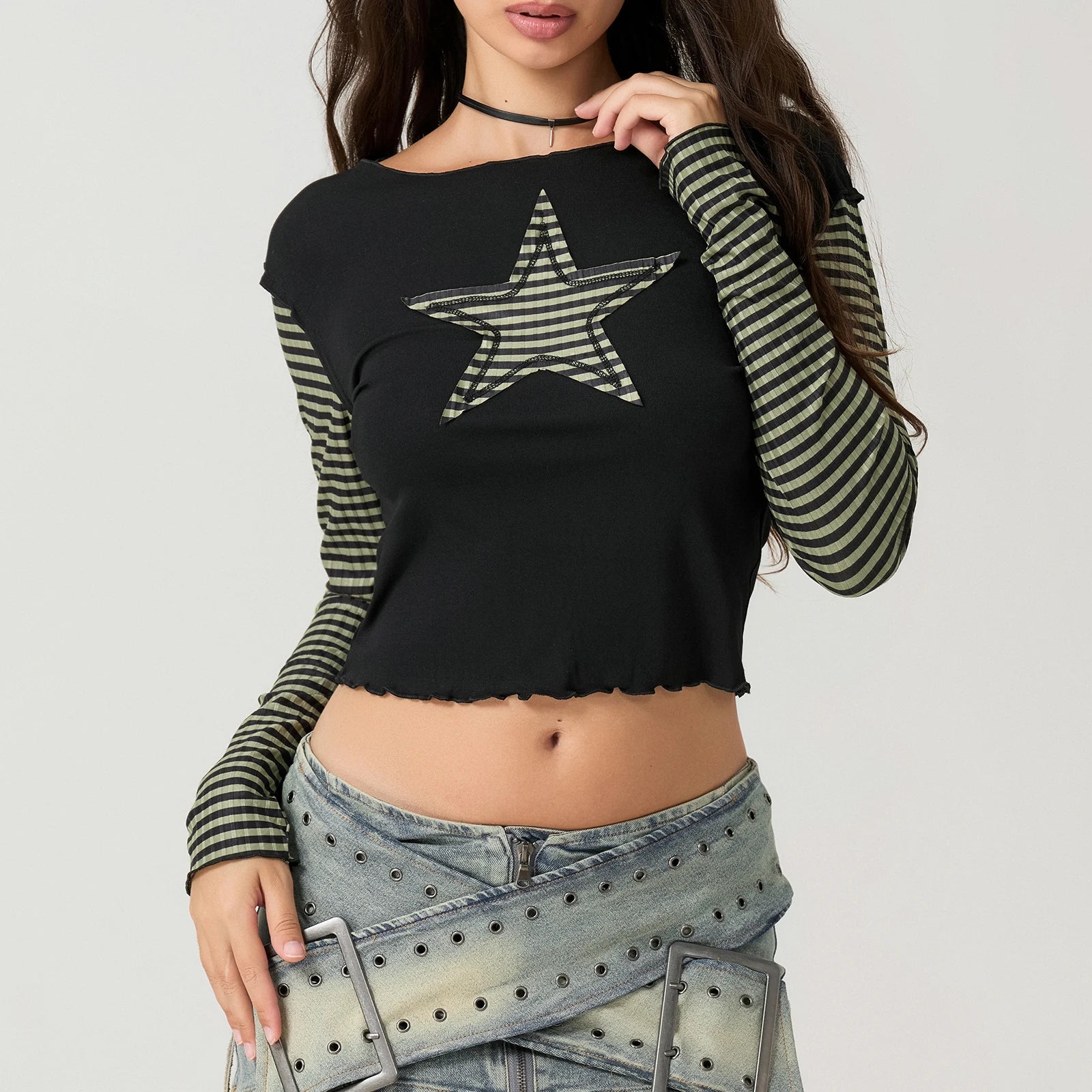 Early Autumn Punk Style Slim Fit T-shirt Women Long Sleeve Crew Neck Star Stripes Patchwork Ladies Tops for Casual Daily