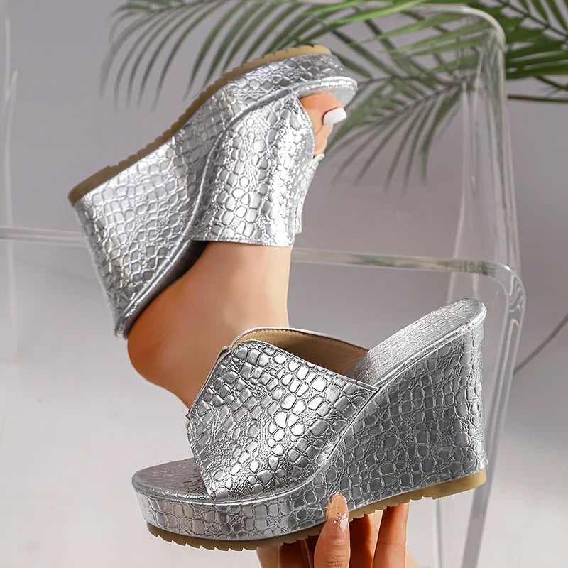 Women's Gold Wedges Sandals Summer 2026 Fashion Peep Toe Thick Platform Sandles Women Plus Size 42 Chunky Heels Slippers Woman