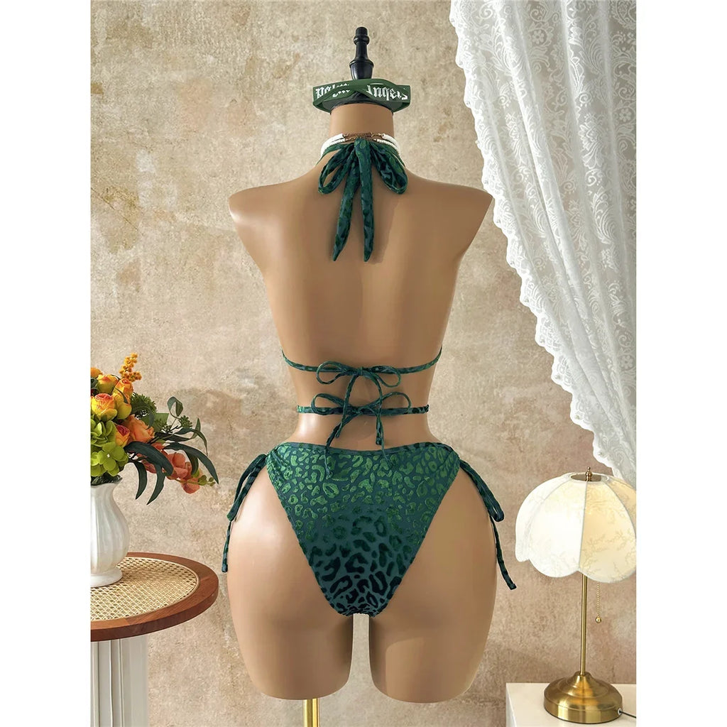 XS - L Deep V Neck Leopard Halter Women Swimwear Cut Out Wrap Around Bather Bathing Suit Swim One Piece Swimsuit Female K8077