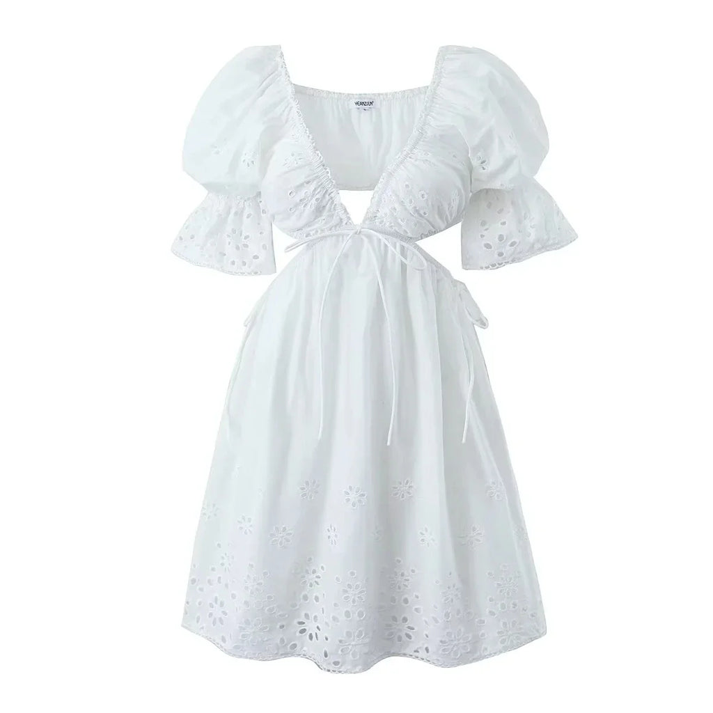 Foridol Lace Summer White Dress Women Puff Sleeve Embriodery Waist Cut Out Beach Short Sexy Cotton Dress Backless 2025 Sundress