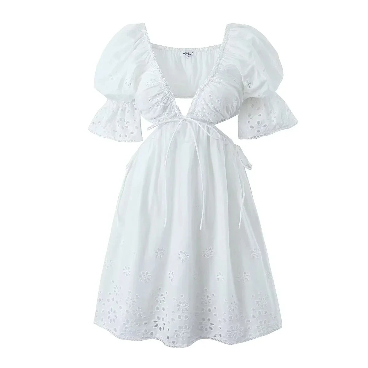 Foridol Lace Summer White Dress Women Puff Sleeve Embriodery Waist Cut Out Beach Short Sexy Cotton Dress Backless 2025 Sundress