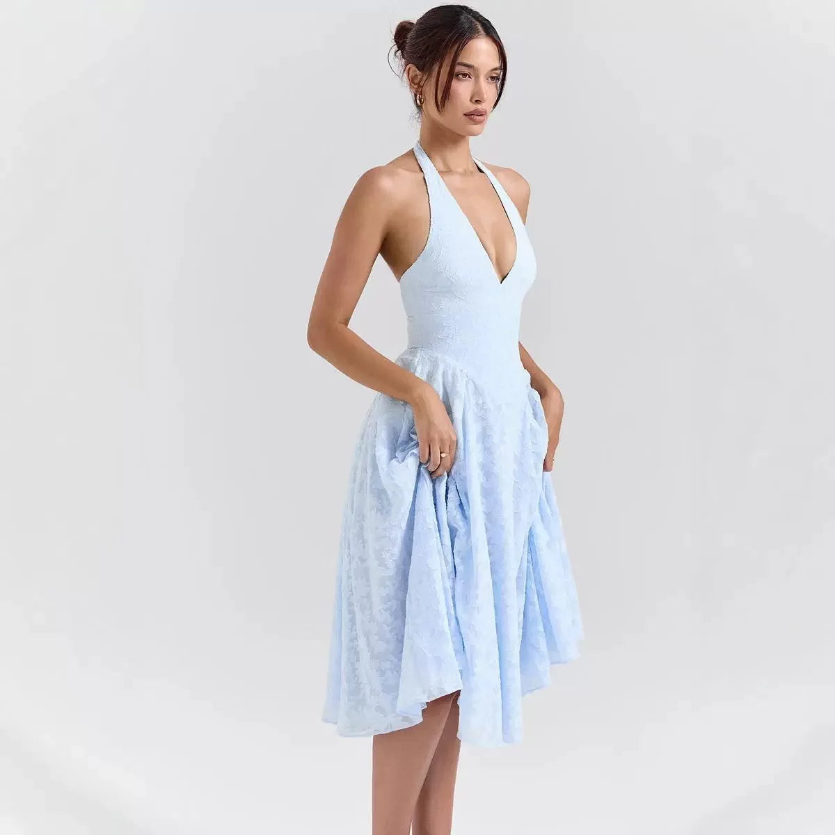 French Style Blue Jacquard Dress With French Vibe V-neck Backless Holiday Halter-neck Dress Niche Long Dress Pure Desire U633