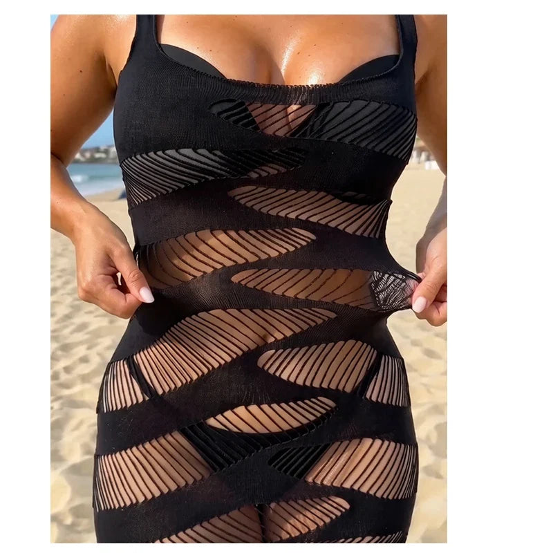 Fishnet Women Sexy Beach Cover Up Dress Women Stretch See Through Sleeveless without Bikini Swimsuit Coverup Mini Beachwea