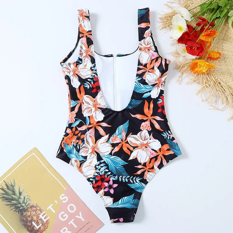 2026 Printed Zipper Swimsuit One Piece Sexy Swimwear Women Floral Bathers Bathing Swimming Swim Suit Female Beachwear