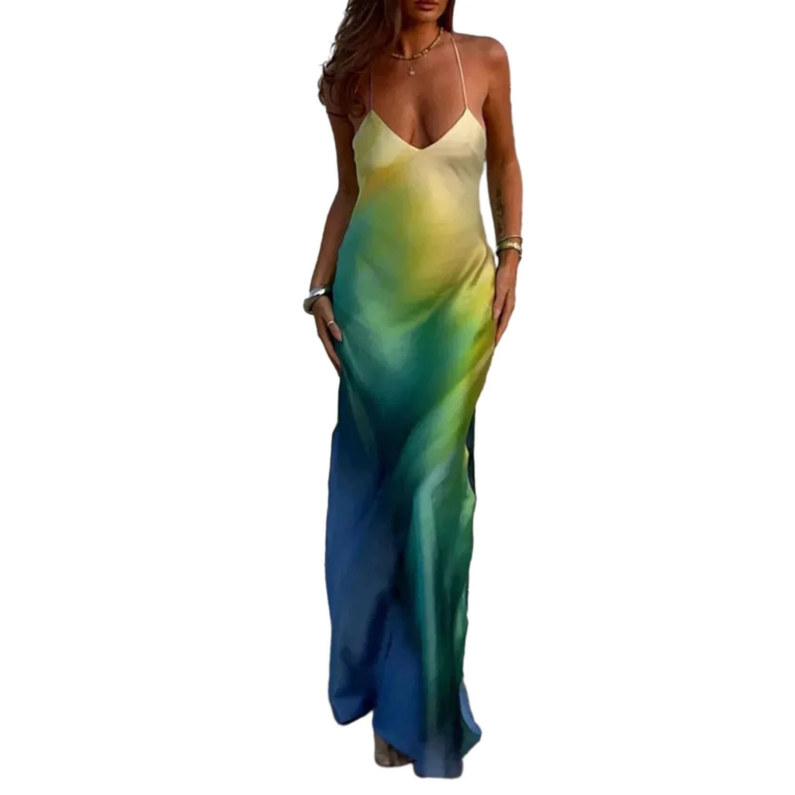 Women's Summer Cami Long Dress Gradient Color Spaghetti Strap V-Neck Backless Beach Evening Party Dress