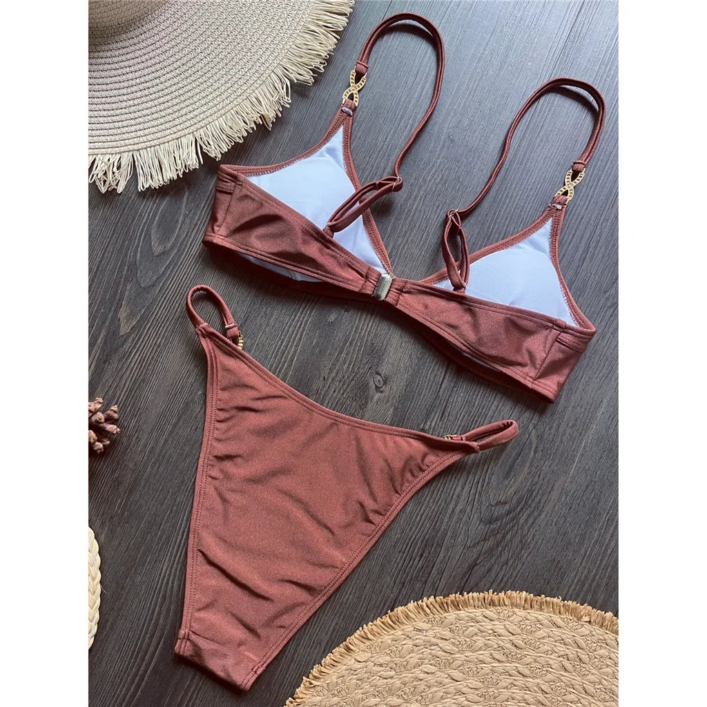 10 Colors V Neck Rhinestones Bikini Female Swimsuit Women Swimwear Two-pieces Bikini Set Padded Bather Bathing Suit Swim V8138