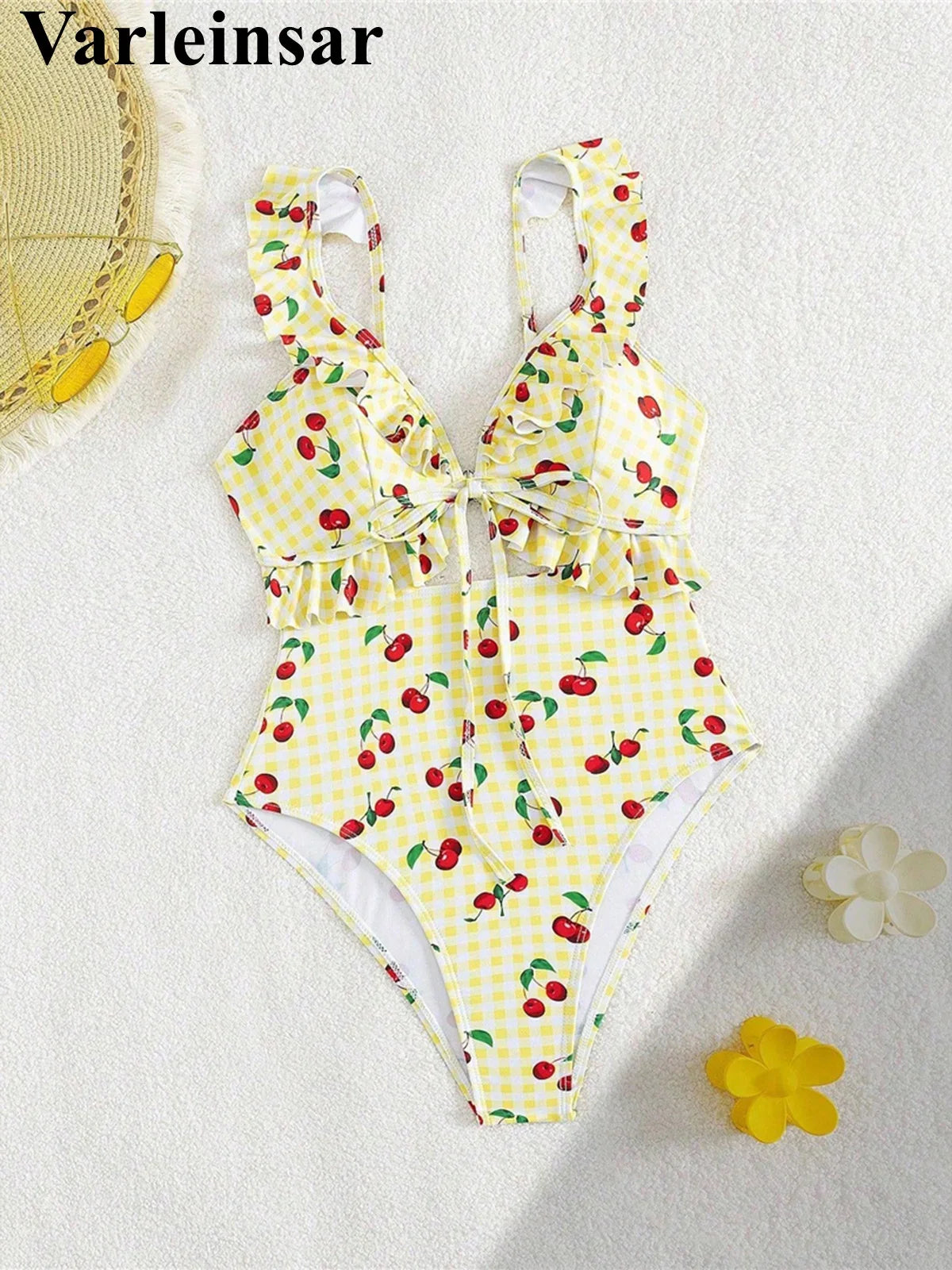 S - XL Cherry Printed Plaid Cut Out One Piece Swimsuit Women Swimwear Female Frilled High Leg Cut Bather Bathing Suit Swim V7557