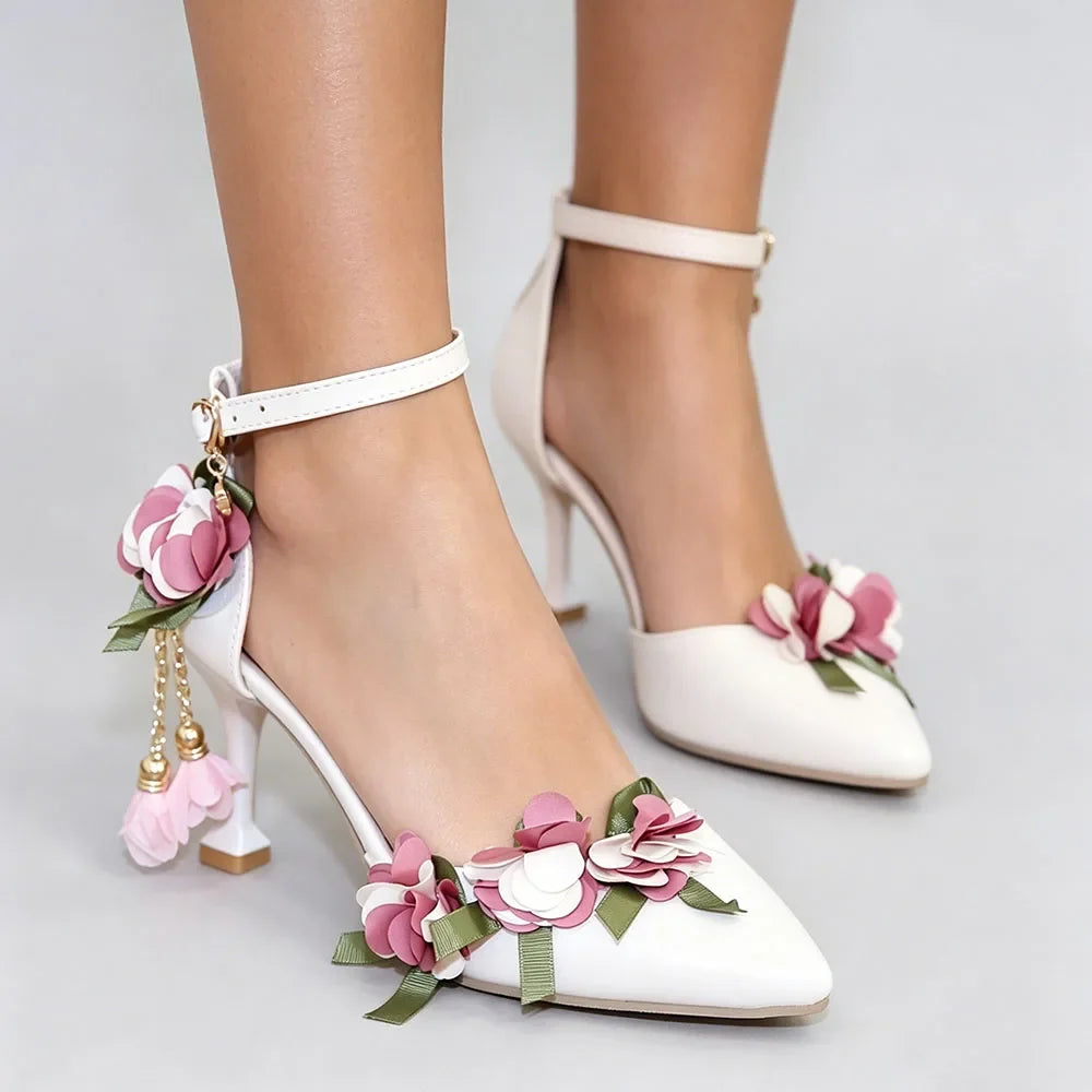Small Big Size 32-46 Women's Elegant Pink Flowers High Heels Sandals Summer Sexy Pointy Toe Party White Wedding Sandals Shoes
