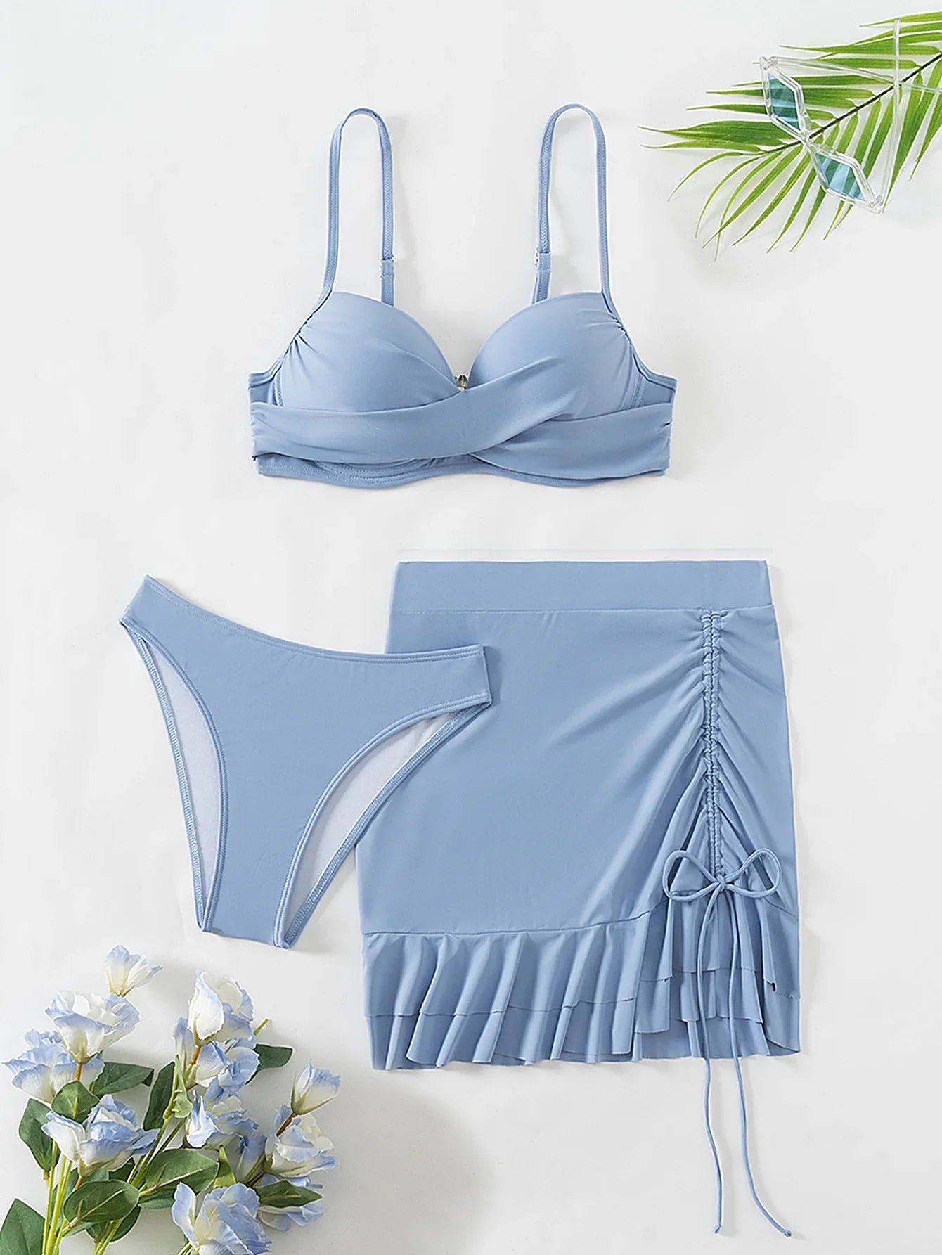 Women's Sky Blue Three Piece Swimsuit Solid Color V-neck Underwire Bikini Set Beach Vacation Suspender Backless Swimwear 2026