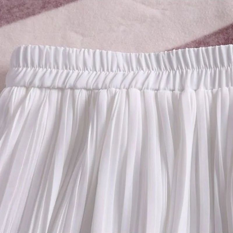 High Waist Elastic Pleated Skirt for Women Spring Summer Chiffon Skirts Vintage Patchwork White Black Long A-Line Skirt