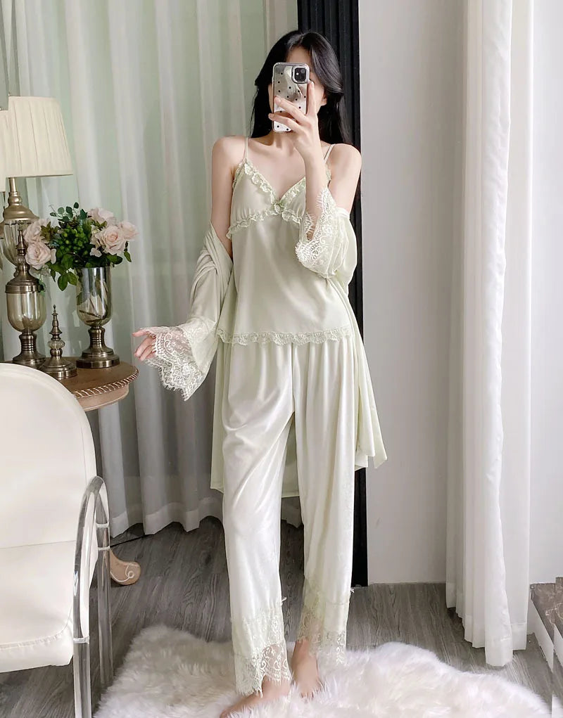 Gold velvet three-piece pajamas set, autumn and winter lace nightgown, sexy home wear with chest pad