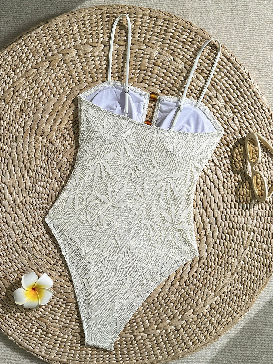 Leaves Printed Mesh Hollow Out Women Swimwear One Piece Swimsuit Female Monokini High Leg Cut Bather Slim Bathing Suit Swim Lady