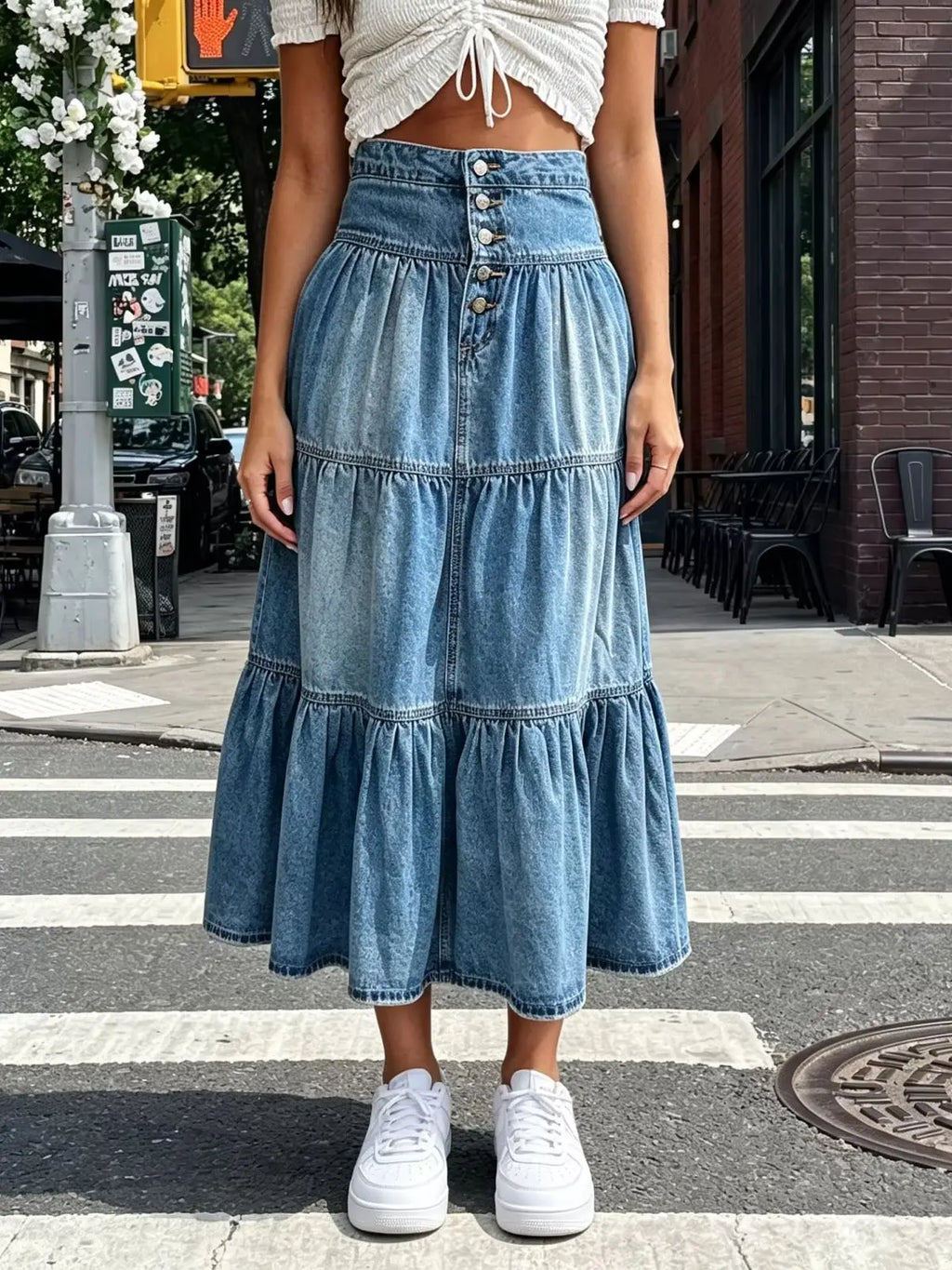 Women's Vintage Denim Midi Skirt High Waist Irregular Ruffle A Line Jean Skirt for Summer Spring